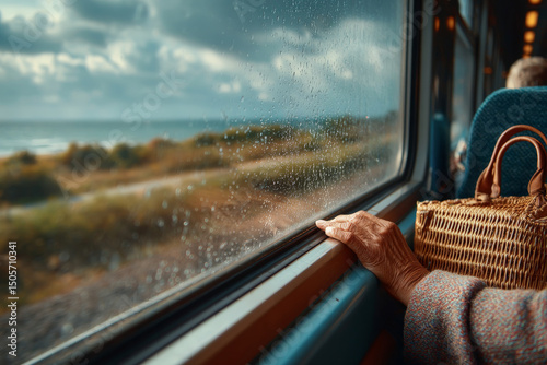 Side view of a passenger looking out the window of a moving train with a scenic countryside landscape passing by, hands resting on a small travel bag.