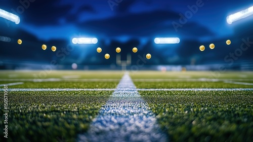 Nighttime football stadium view from the field, glowing lights, blurred background, capturing the essence of sports energy.