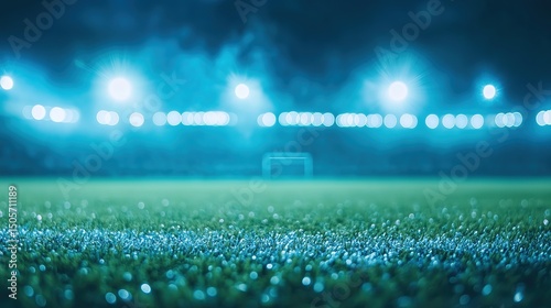 Nighttime football stadium view from the field, glowing lights, blurred background, capturing the essence of sports energy.