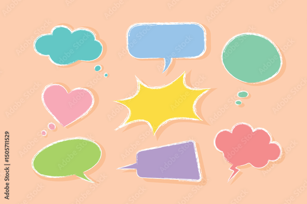 Bright fun cartoon speech balloons in sketch style and trendy colors, for ads, social media etc.
