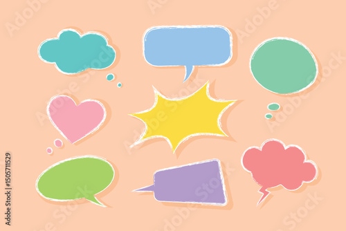 Bright fun cartoon speech balloons in sketch style and trendy colors, for ads, social media etc.