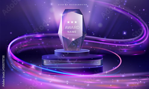 Luxury award background. 3D product show. Light podium. Blue abstract glitter wave. Winner sale. Shiny crystal glass trophy on pedestal. Reward ceremony. Platform concept. Vector concert exact space