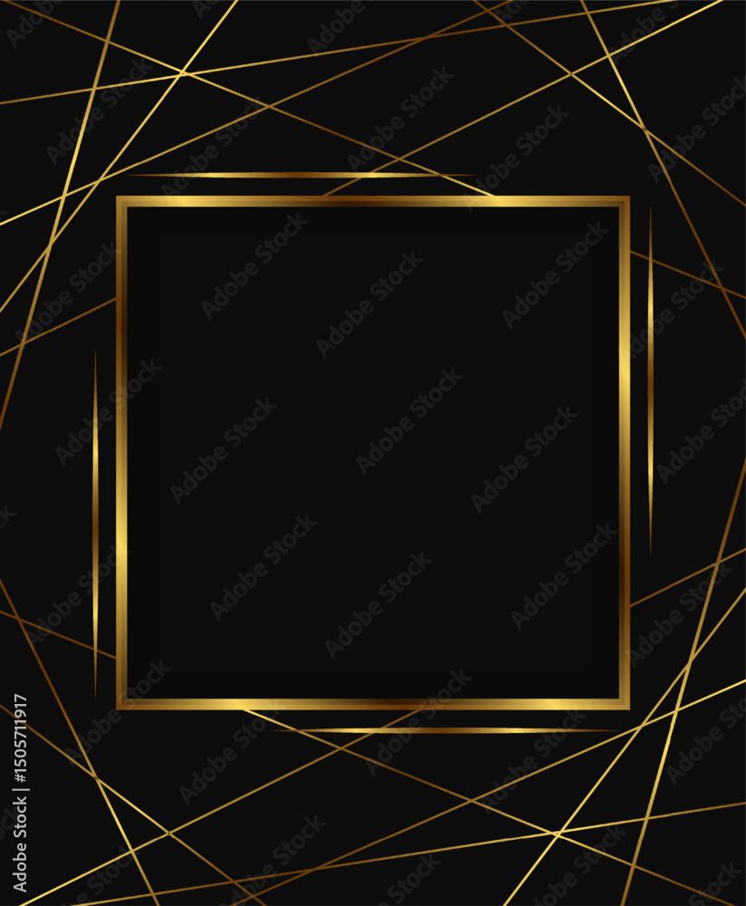 Vector holiday dark background with shining square frame and golden lines