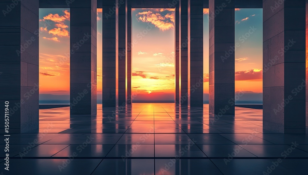Fototapeta premium Sunrise through colonnade, sunset view