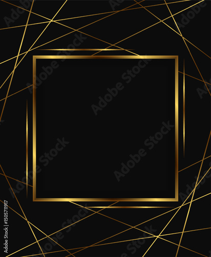 Vector holiday dark background with shining square frame and golden lines