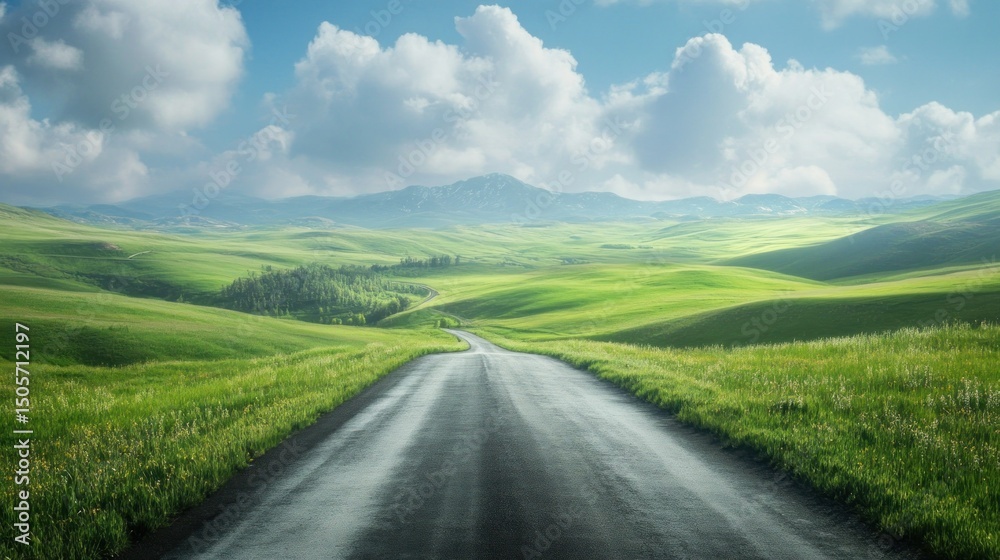 Fototapeta premium A stunning highland road surrounded by endless green meadows, background wallpaper AI generated image