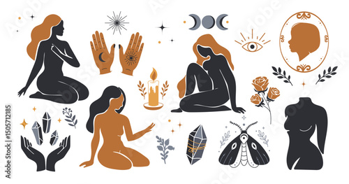 Boho mystical set with female silhouettes, magical hands, crystals, moons, candles, roses, and esoteric symbols Vector. Feminine Spiritual designs elements, posters, branding, fashion print, stickers