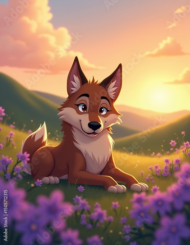 Animated fox portrait amidst vibrant meadow landscape