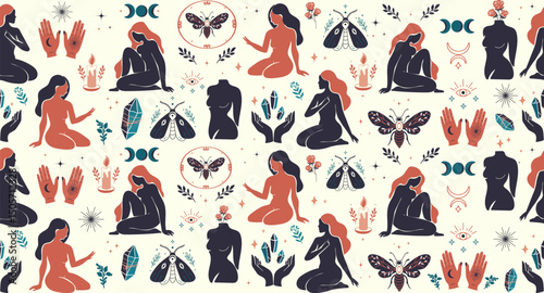 Seamless boho vector pattern mystical women silhouettes in Minimal style, crystals, hands, moons, moths, and spiritual symbols, perfect for textiles, wallpapers, packaging,branding,digital backgrounds