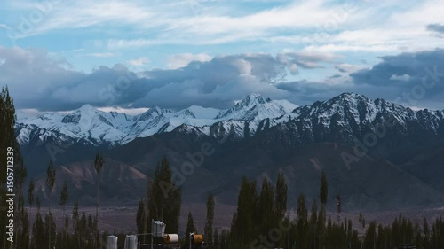 4K Timelapse rolling clouds over mountain , Leh, Ladakh, Jammu and Kashmir, India landscape view, tourism travel landmark