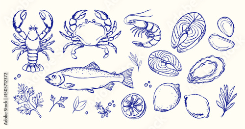Hand drawn seafood vector set in vintage style with fish, crab, shrimp, shellfish, herbs, and lemons. Restaurant menu, packaging, cookbooks, branding, culinary. Engraved Style Marine Food Elements