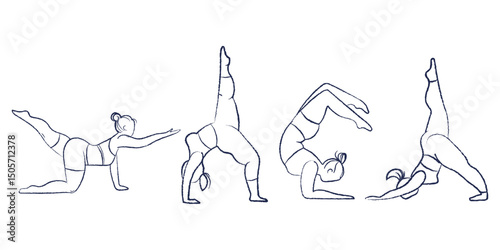 Vector Set of Yoga Positions with Curvy Female Figures. Minimalist line art vector set of women performing yoga poses with curvy body types.Health active lifestyle,branding, fitness content, posters