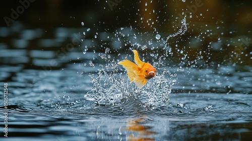 Goldfish in mid-air leap, vibrant orange scales, dynamic motion, clean blue water backdrop. Energy and freedom in nature's flow.