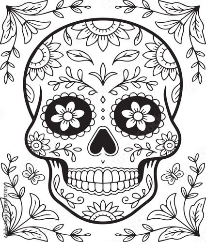 Halloween sugar skull with flower ornament decorative black line art illustration coloring page for adults 
