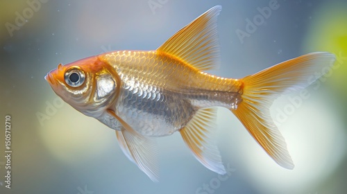 Goldfish in mid-air leap, vibrant orange scales, dynamic motion, clean blue water backdrop. Energy and freedom in nature's flow.