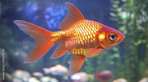 Goldfish in mid-air leap, vibrant orange scales, dynamic motion, clean blue water backdrop. Energy and freedom in nature's flow.