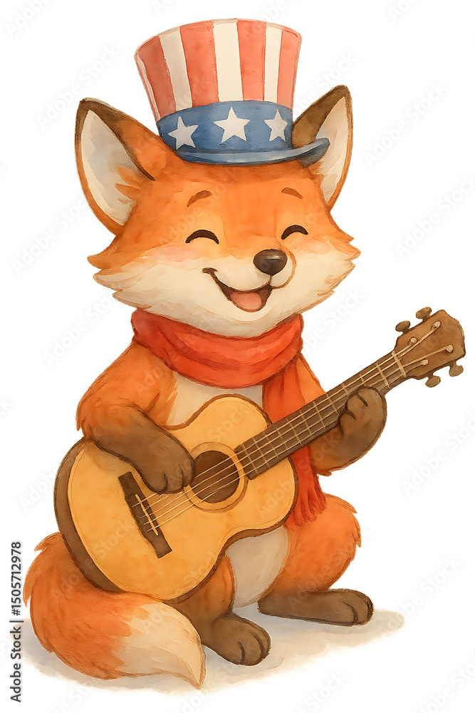 Fototapeta premium Cute Fox with Guitar and Patriotic Hat Artwork