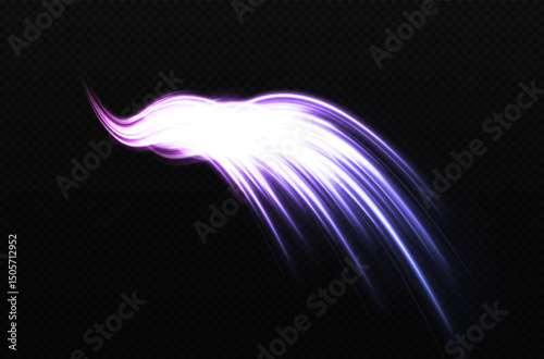 Glowing curved light trail with magical swirl effect. Sparkling comet motion and high-speed lines on dark transparent background.