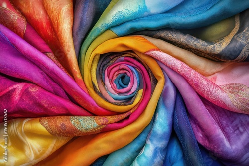 Spiral swirl of vibrant colorful fabric textures photo