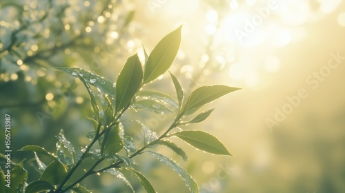 Fresh Green Tea Leaves with Morning Dew, Soft Sunlight, and Blurred Spring Blossoms, Capturing Serene Natural Beauty