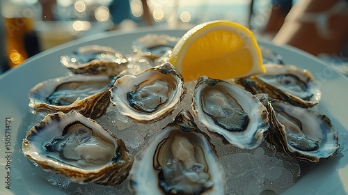 Fresh oysters on ice with lemon wedge. Seafood delicacy ready to eat, dining