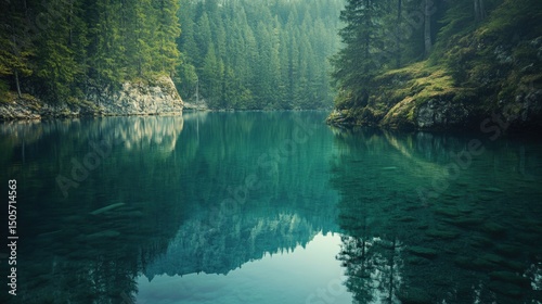 Tranquil forest lake reflecting trees in early morning light against a misty backdrop of mountains