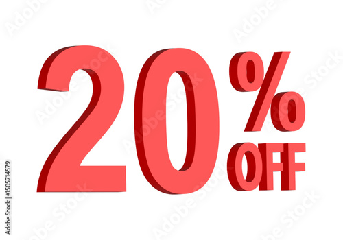 20 percent off discount text graphic in bold red 3D letters, for promotional sale banner icon, coupons, and special offers, marketing design element, boosting savings and shopping deals	