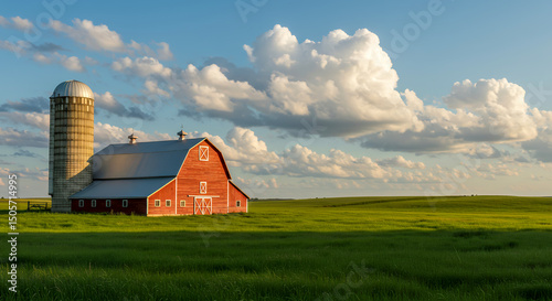Scenic Red Barn in a Vast Green Field Under a Dramatic Sky A Stunning Rural Landscape Photograph