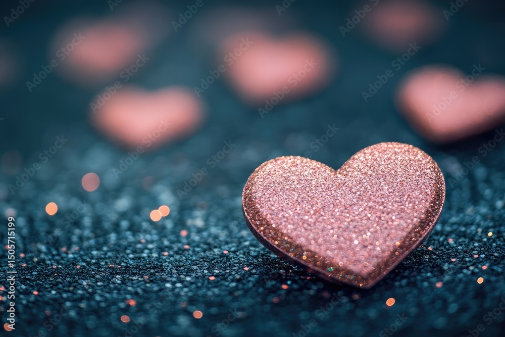 Obraz premium Rose gold hearts on dark glitter
