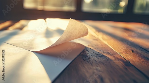 A piece of paper slowly unfolding on a wooden desk.