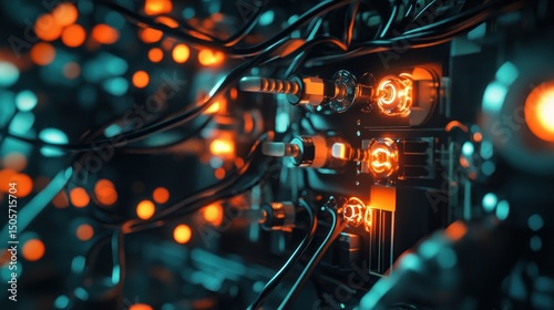 A futuristic machine with connected digital circuits glowing surrounded by dark metal surfaces, background wallpaper AI generated image