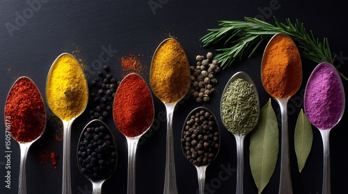 A vibrant collection of spices arranged creatively on silver spoons. This image captures the essence of culinary art. Perfect for food blogs, cookbooks, or restaurant promotions. AI