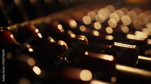 A row of wine bottles in focus, soft background blur; elegance and craftsmanship in every detail.