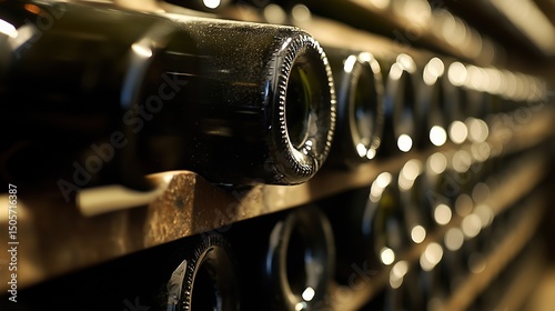 A row of wine bottles in focus, soft background blur; elegance and craftsmanship in every detail.