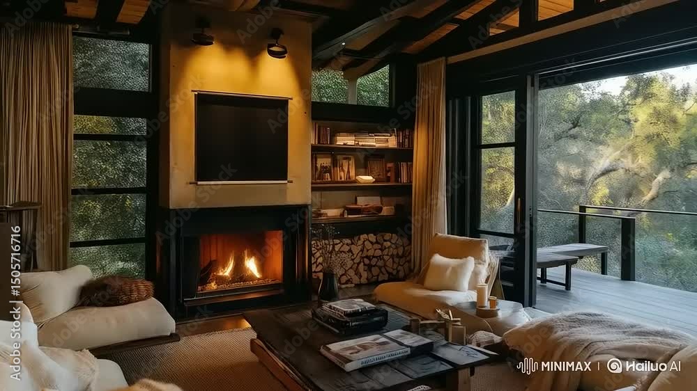 Serene Living Room with Fireplace and Forest View for a Cozy Retreat Serene Living Room with Fireplace and Forest View for a Cozy Retreat