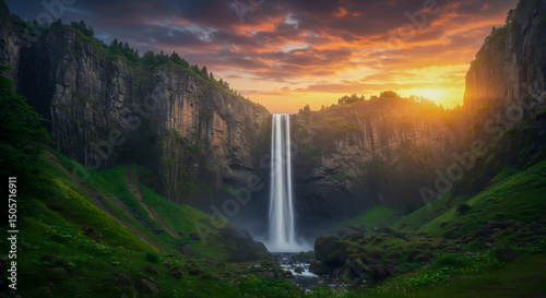 Majestic Waterfall at Sunset Nature's Dramatic Masterpiece in Lush Green Valley