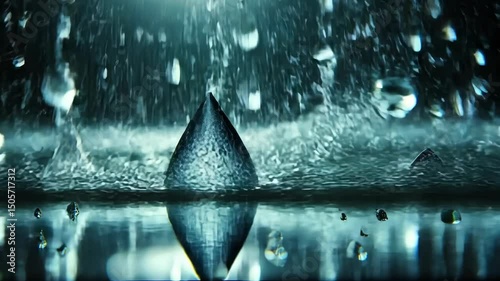 A large, teardrop-shaped water droplet impacts a surface, creating a dramatic splash and reflection