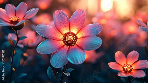 Sunset-lit pink and blue flowers in a field