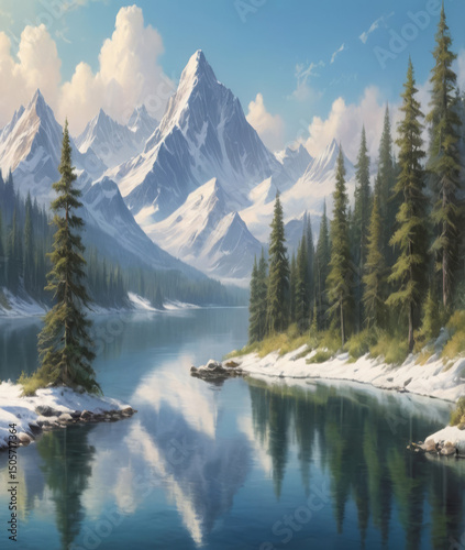 Majestic snow-capped mountains, serene alpine lake, evergreen forest, reflection, scenic wildlife 
