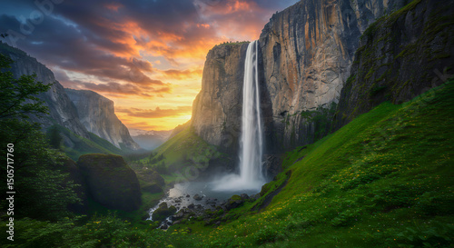 Majestic Waterfall at Sunset Breathtaking Nature Photography