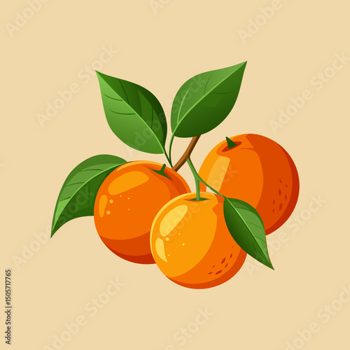 Oranges with Leaves, Citrus Fruit Branch, Ripe Oranges Illustration