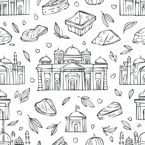 Petra, Ma'an, Jordan Vector Illustration with Seamless Pattern Design