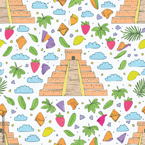 Chichen Itza, Yucatan, Mexico Vector Illustration with Seamless Pattern Design