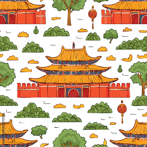 Forbidden City, Beijing, China Vector Illustration with Seamless Pattern Design
