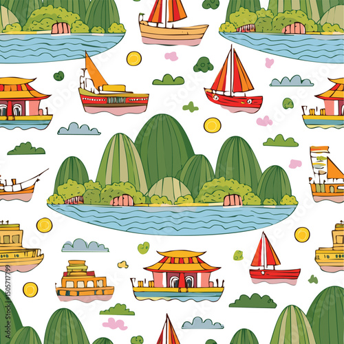 Ha Long Bay, Quang Ninh, Vietnam Vector Illustration with Seamless Pattern Design