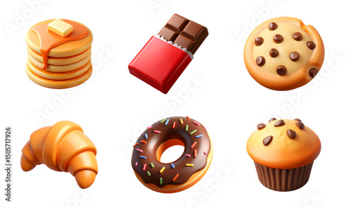 Puncakes, Chocolate Bar, Cookie, Croissant, Doughnut, Muffin, set of 3D Food Icons – Glossy Minimal Emoji Style, Isolated PNG objects