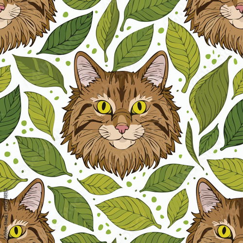 Norwegian Forest Cat Vector Illustration with Seamless Pattern Design