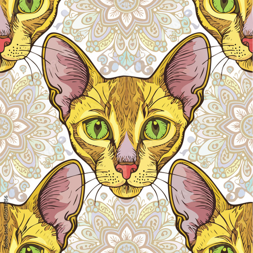 Oriental Shorthair Vector Illustration with Seamless Pattern Design