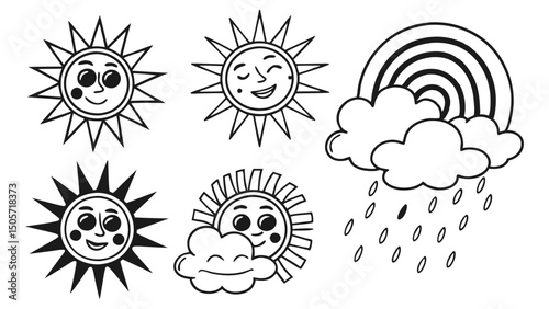 Set of funny cartoon animals with sun, clouds, and flowers, perfect for summer weather seamless patterns and nature-themed designs