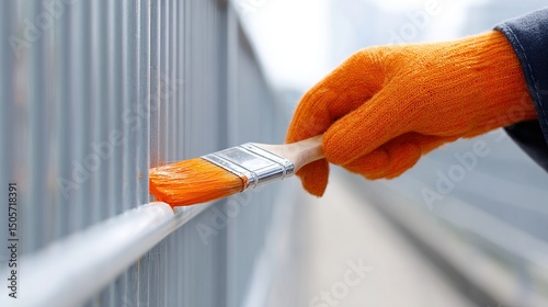 A close-up of a gloved hand painting a metal fence with a brush. The vibrant orange color contrasts against the steel surface. This image captures craftsmanship and attention to detail. AI